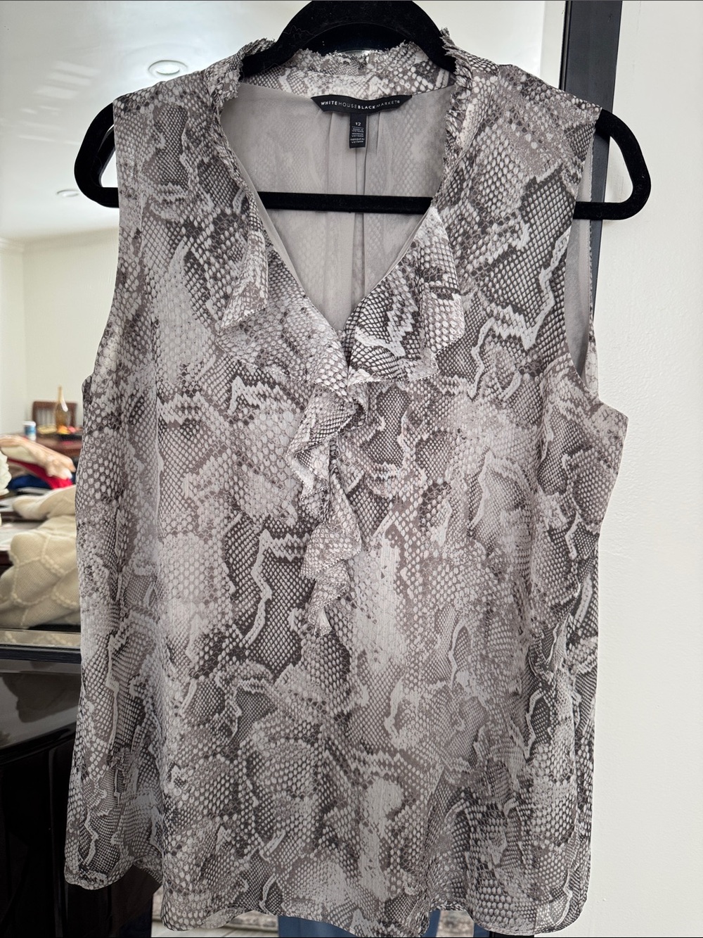 White House Black Market Gray Snake-Print Ruffle V-Neck Camisole